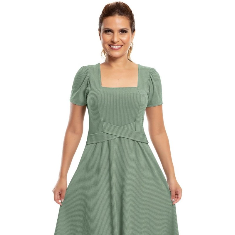 Vestido Godê Verde Oliva Decote Quadrado P ao GG Coleção Aline Barros